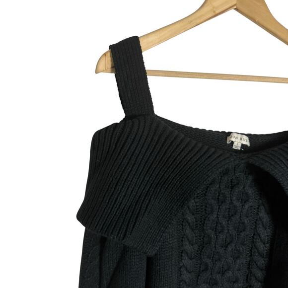 Moon River Black Cable Knit Collared Off Shoulder Cropped Sweater Size Large - Picture 7 of 11
